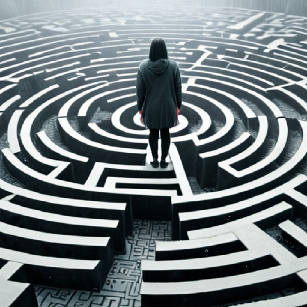 A person standing in a foggy maze, overwhelmed by mixed emotions like anxiety, worry, and resentment, trying to piece together their feelings like a puzzle, with emotion fragments scattered around.