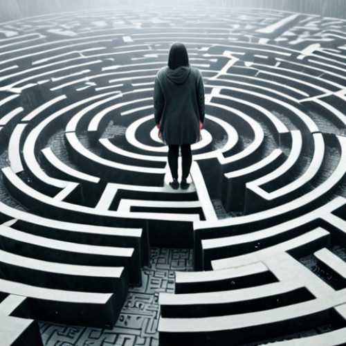 Home 11 A person standing in a foggy maze, overwhelmed by mixed emotions like anxiety, worry, and resentment, trying to piece together their feelings like a puzzle, with emotion fragments scattered around.