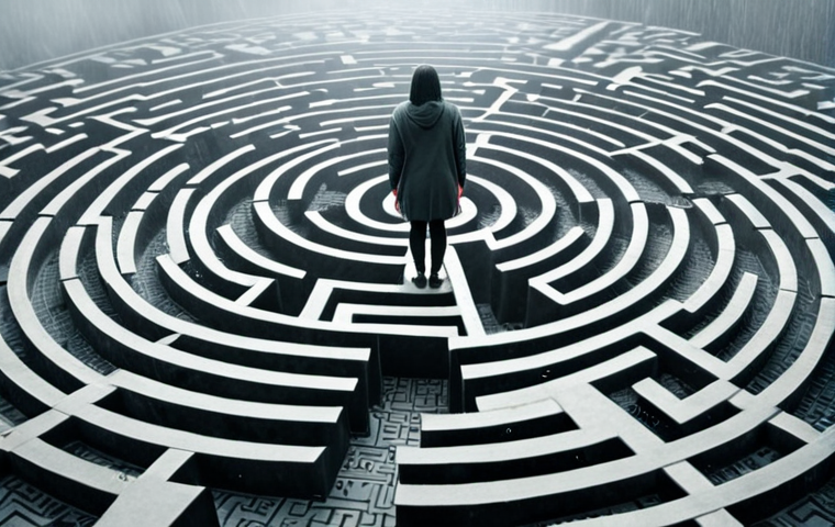 A person standing in a foggy maze, overwhelmed by mixed emotions like anxiety, worry, and resentment, trying to piece together their feelings like a puzzle, with emotion fragments scattered around.