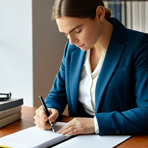 Home 4 A focused adult professional woman, a content writer, in a modest business blazer and smart trousers, deeply engrossed in planning content. She sits at a clean, minimalist desk in a modern, sunlit home office, with a laptop open to a blank document, a notebook filled with ideas, and a pen in hand. The background is a soft-focus bookshelf. The atmosphere is calm and productive. High-resolution professional photography, studio lighting, sharp focus, perfect anatomy, well-formed hands, correct proportions, natural pose, natural body proportions, fully clothed, modest clothing, appropriate attire, professional dress, safe for work, appropriate content, family-friendly.