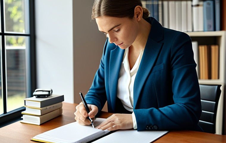 A focused adult professional woman, a content writer, in a modest business blazer and smart trousers, deeply engrossed in planning content. She sits at a clean, minimalist desk in a modern, sunlit home office, with a laptop open to a blank document, a notebook filled with ideas, and a pen in hand. The background is a soft-focus bookshelf. The atmosphere is calm and productive. High-resolution professional photography, studio lighting, sharp focus, perfect anatomy, well-formed hands, correct proportions, natural pose, natural body proportions, fully clothed, modest clothing, appropriate attire, professional dress, safe for work, appropriate content, family-friendly.
