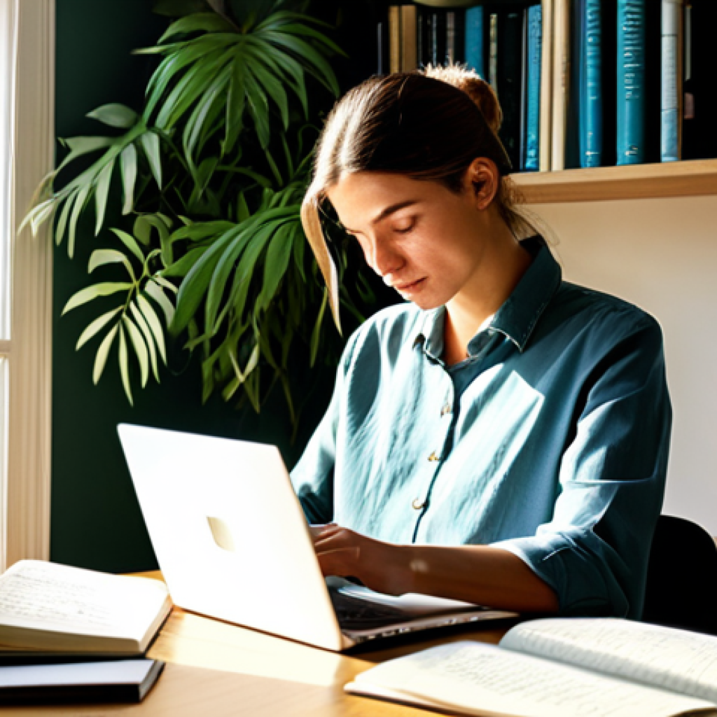 **

"A female author, sitting at a desk in a sunlit study, working on her laptop, fully clothed in modest attire, surrounded by books and notes, plants in the background, safe for work, perfect anatomy, natural pose, professional, appropriate content, well-formed hands, proper finger count, natural body proportions, high quality."

**