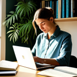 **

"A female author, sitting at a desk in a sunlit study, working on her laptop, fully clothed in modest attire, surrounded by books and notes, plants in the background, safe for work, perfect anatomy, natural pose, professional, appropriate content, well-formed hands, proper finger count, natural body proportions, high quality."

**
