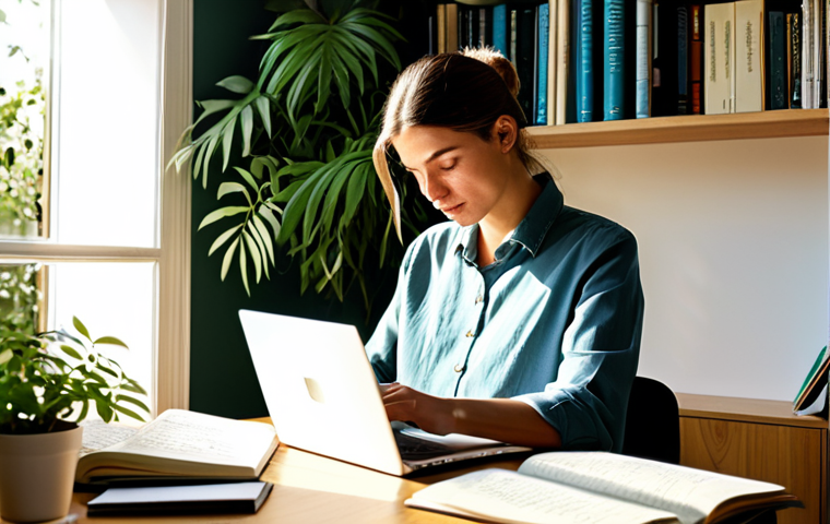 **

"A female author, sitting at a desk in a sunlit study, working on her laptop, fully clothed in modest attire, surrounded by books and notes, plants in the background, safe for work, perfect anatomy, natural pose, professional, appropriate content, well-formed hands, proper finger count, natural body proportions, high quality."

**
